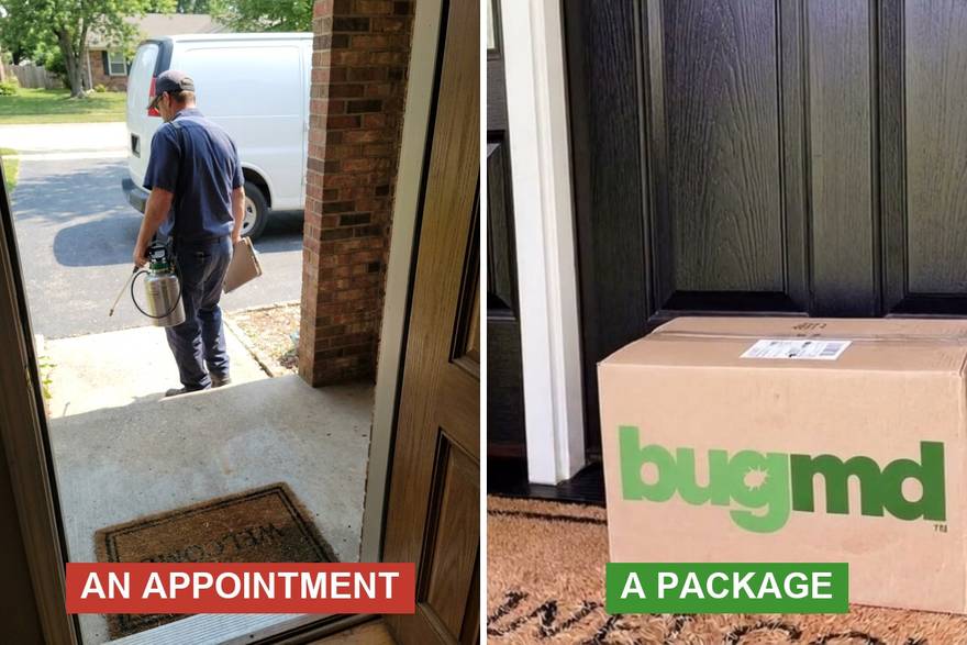 A pest control technician with a tank sprayer arriving at a front door, versus a BugMD box waiting on the doormat