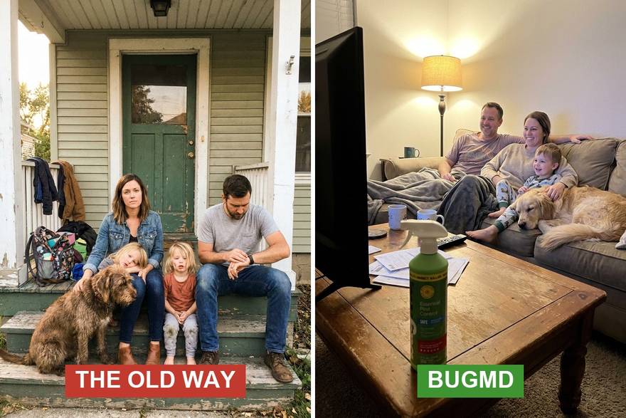 A family waiting outside on their porch versus a family relaxing on the couch the same evening with the BugMD bottle on the coffee table
