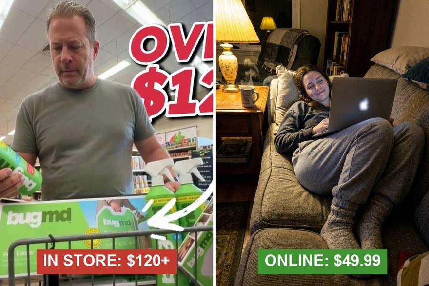 A shopper's cart of pest products totaling over 120 dollars in a store, versus a woman ordering from her couch for 49.99
