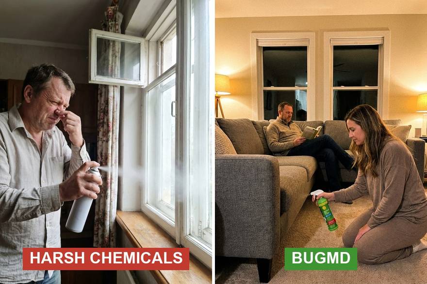 A man pinching his nose spraying an aerosol by an open window versus a woman spraying a sofa while her husband reads next to her