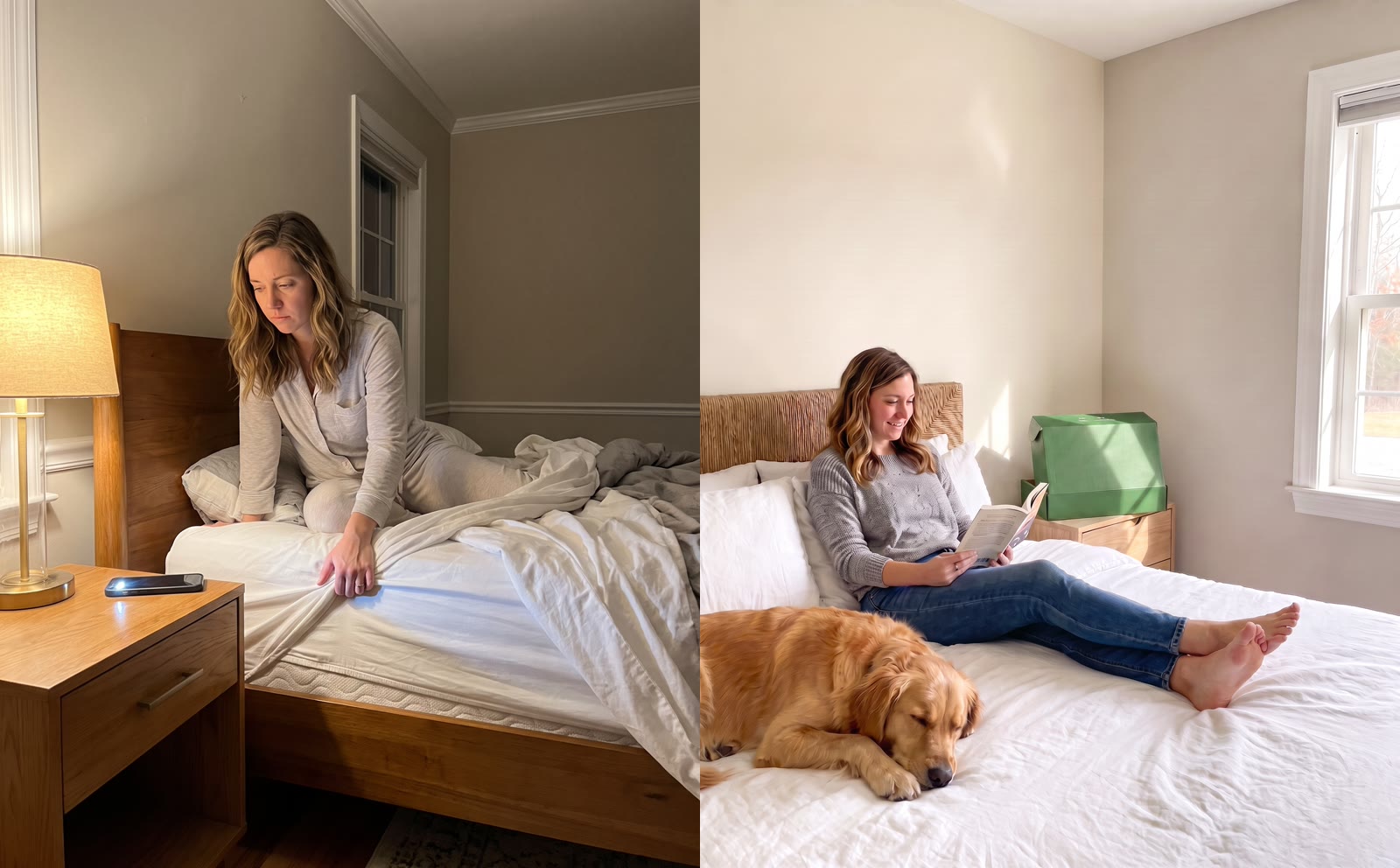 Checking the mattress seam at 2am, and back to a calm bedroom with the kit on the nightstand