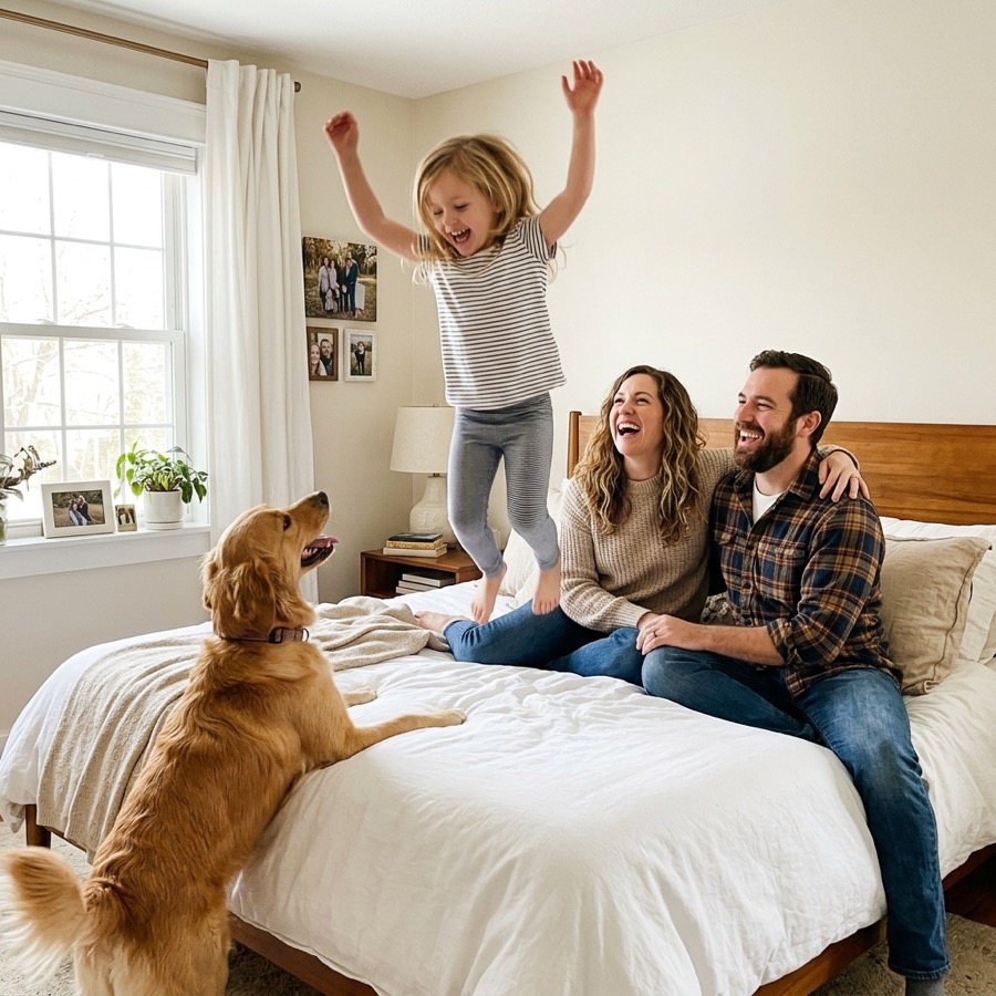 A family relaxed at home again