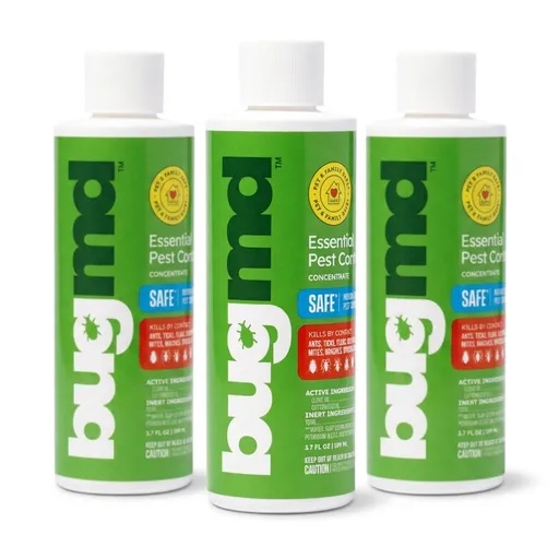 Three bottles of plant-powered Essential Pest Control concentrate