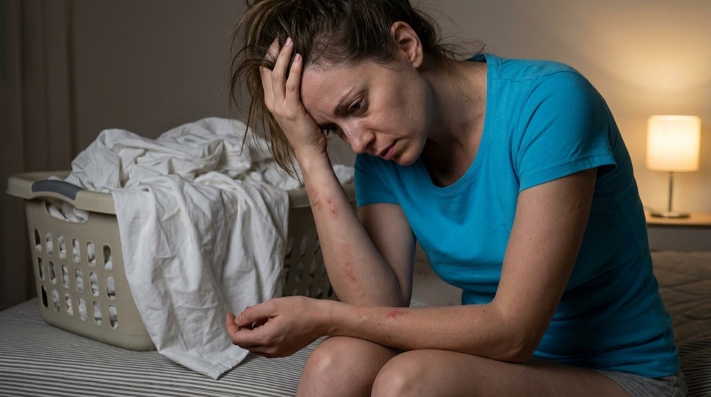 An exhausted woman awake and worn down at night