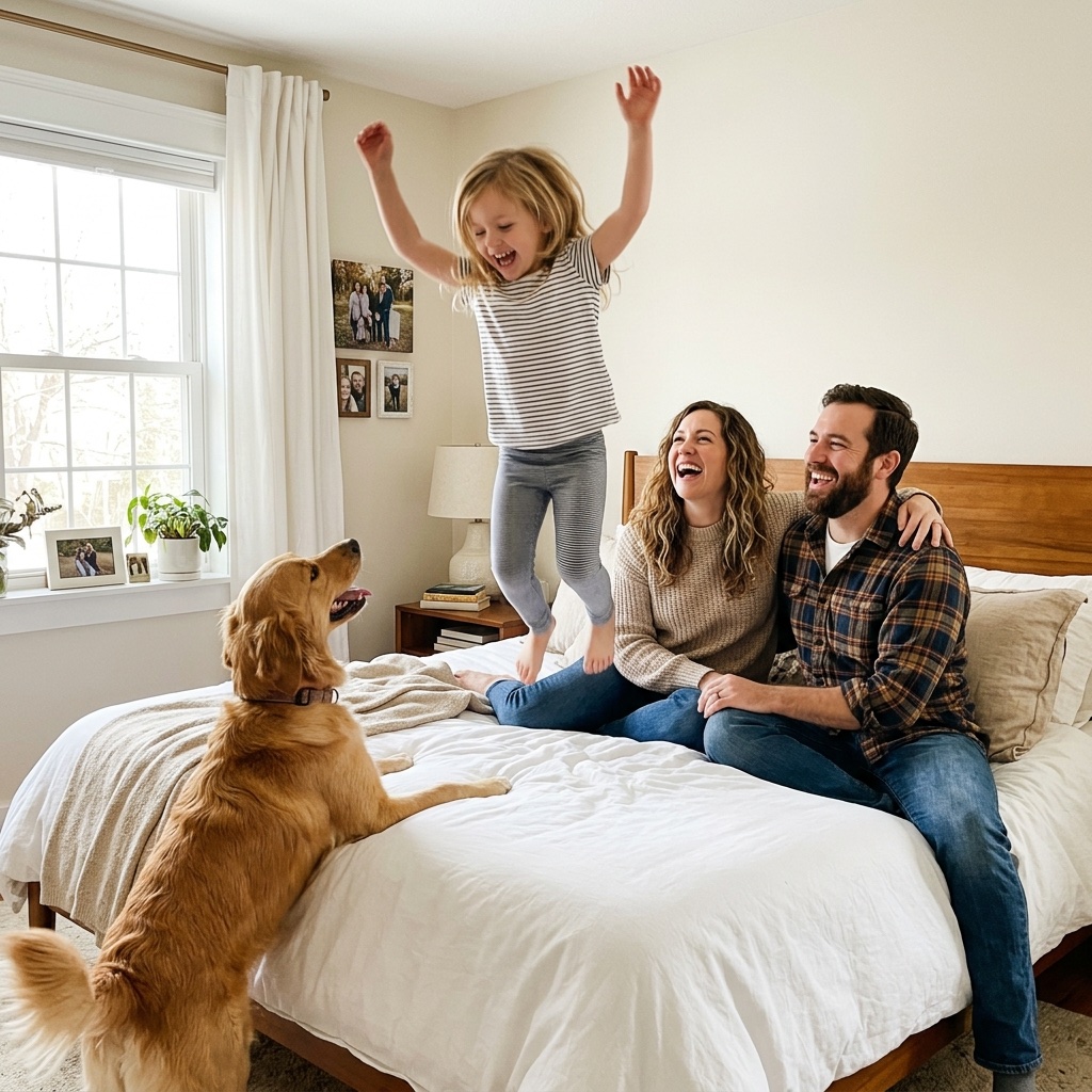 The whole family — pets included — back on the bed, problem gone