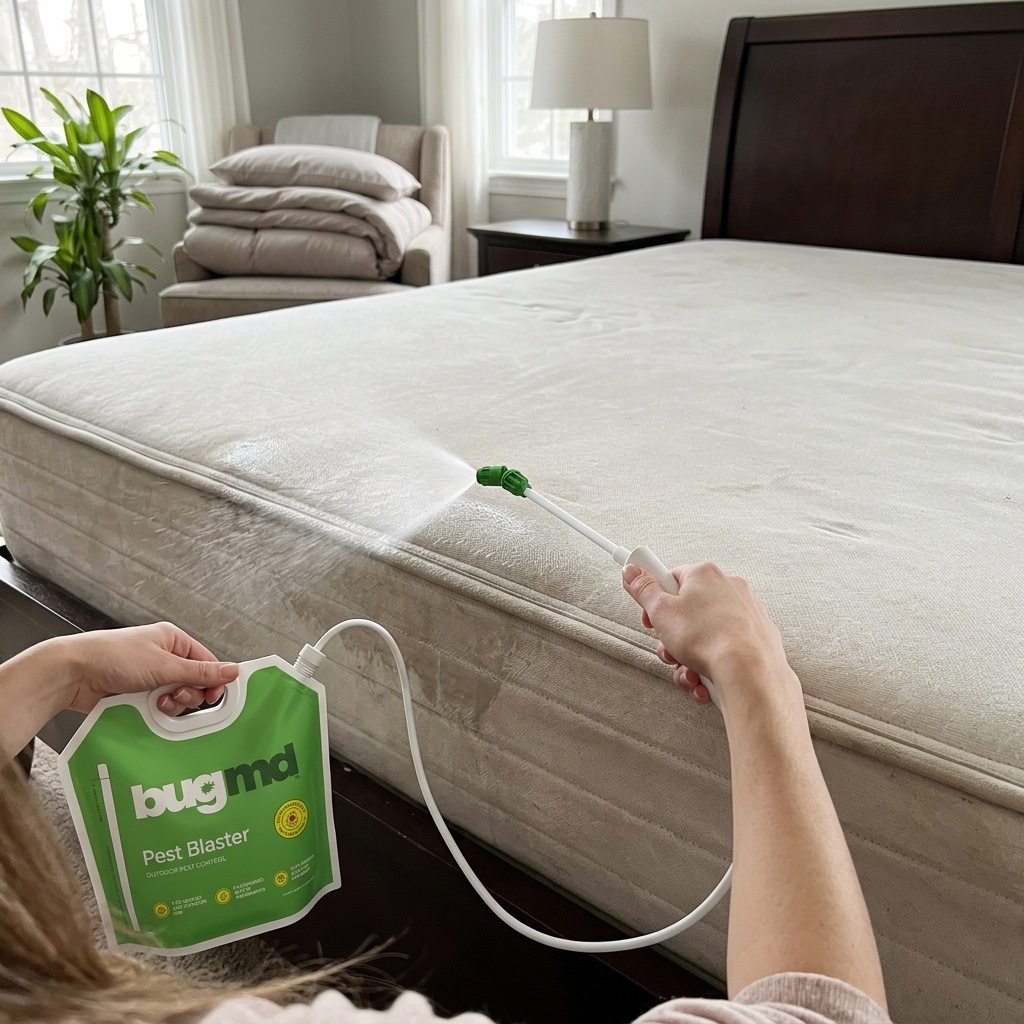 Day 1 — spraying the plant-powered mist straight into the mattress seam