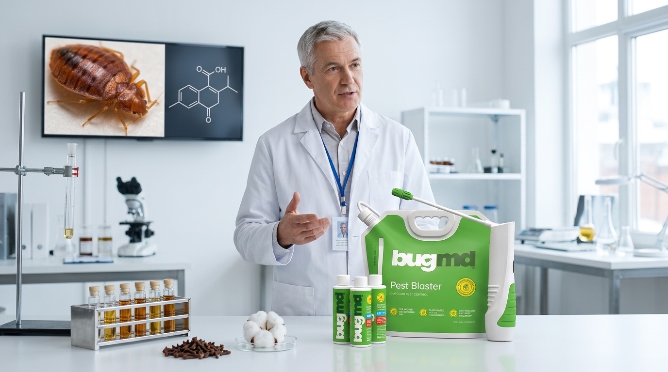 A research scientist presents the plant-powered BugMD kit alongside the clove and cottonseed oils it's made from