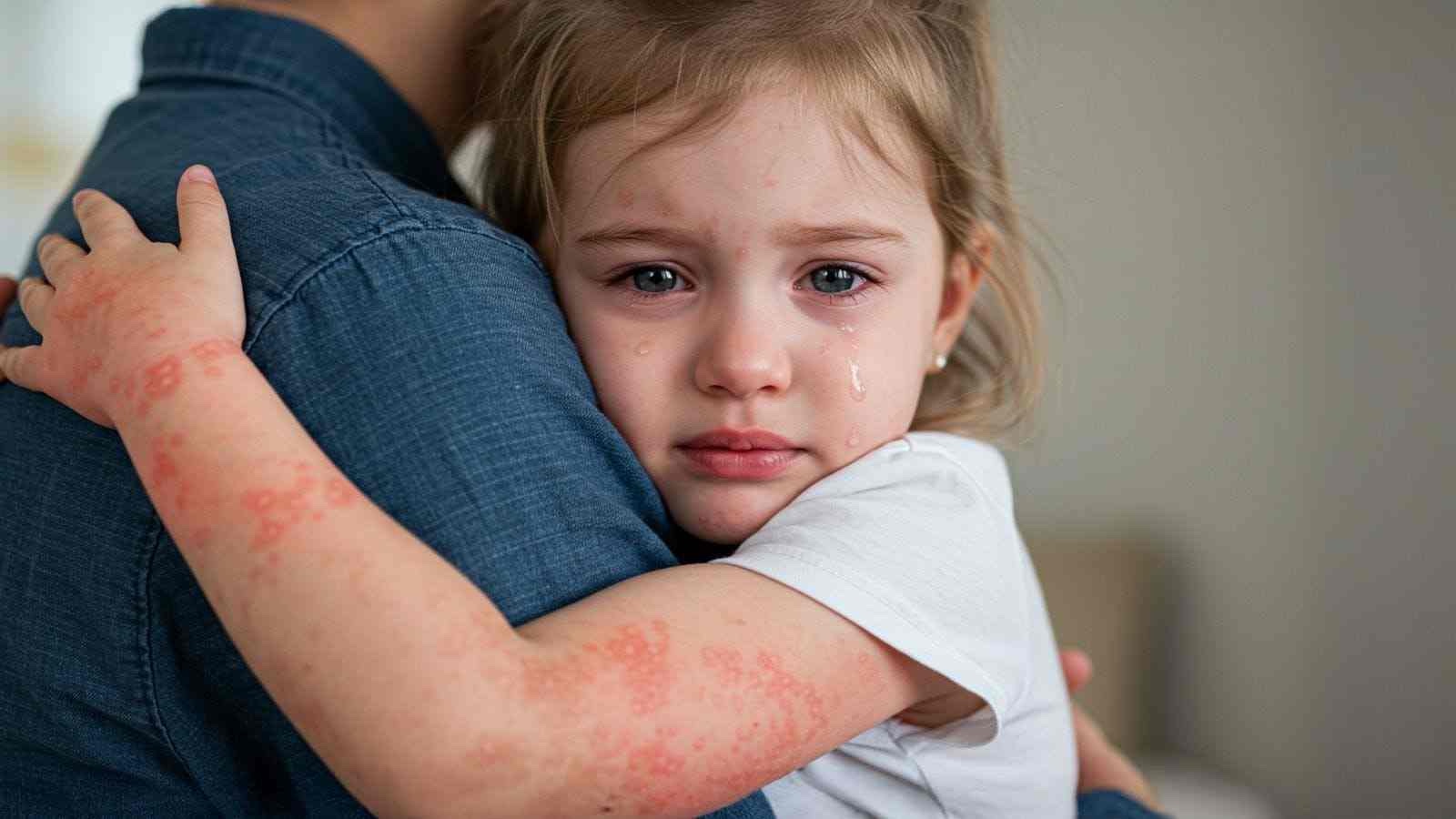 A crying child with a rash clinging to a parent