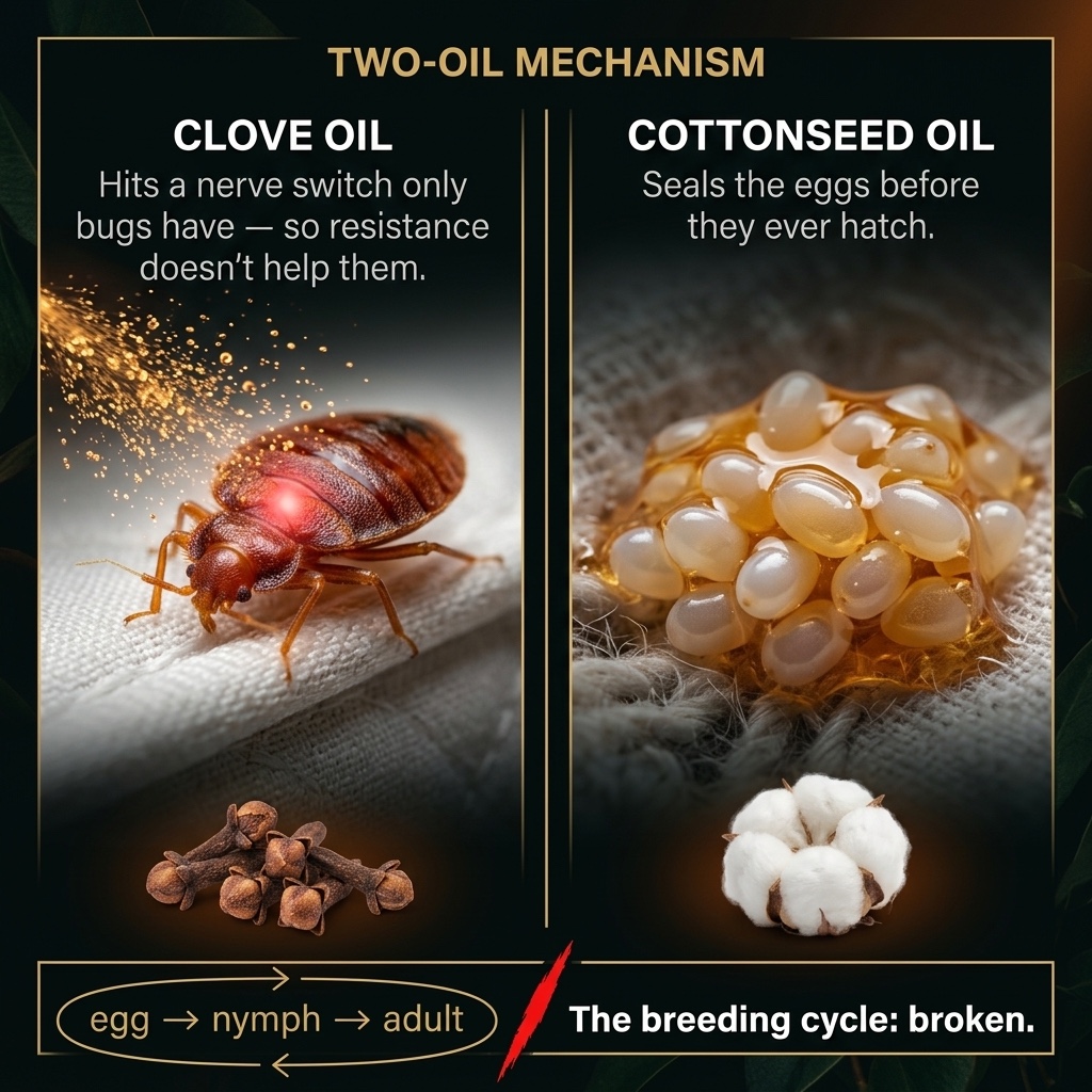 The two-oil mechanism: clove oil hits a nerve switch only bugs have, cottonseed oil seals the eggs before they hatch — breaking the breeding cycle