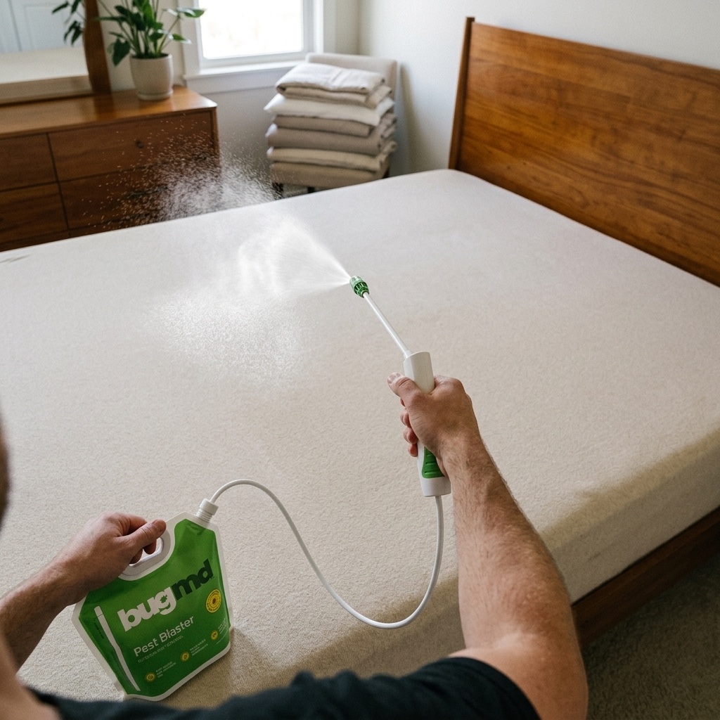 Step 2: the straight electric sprayer misting the mattress and reaching every hiding place