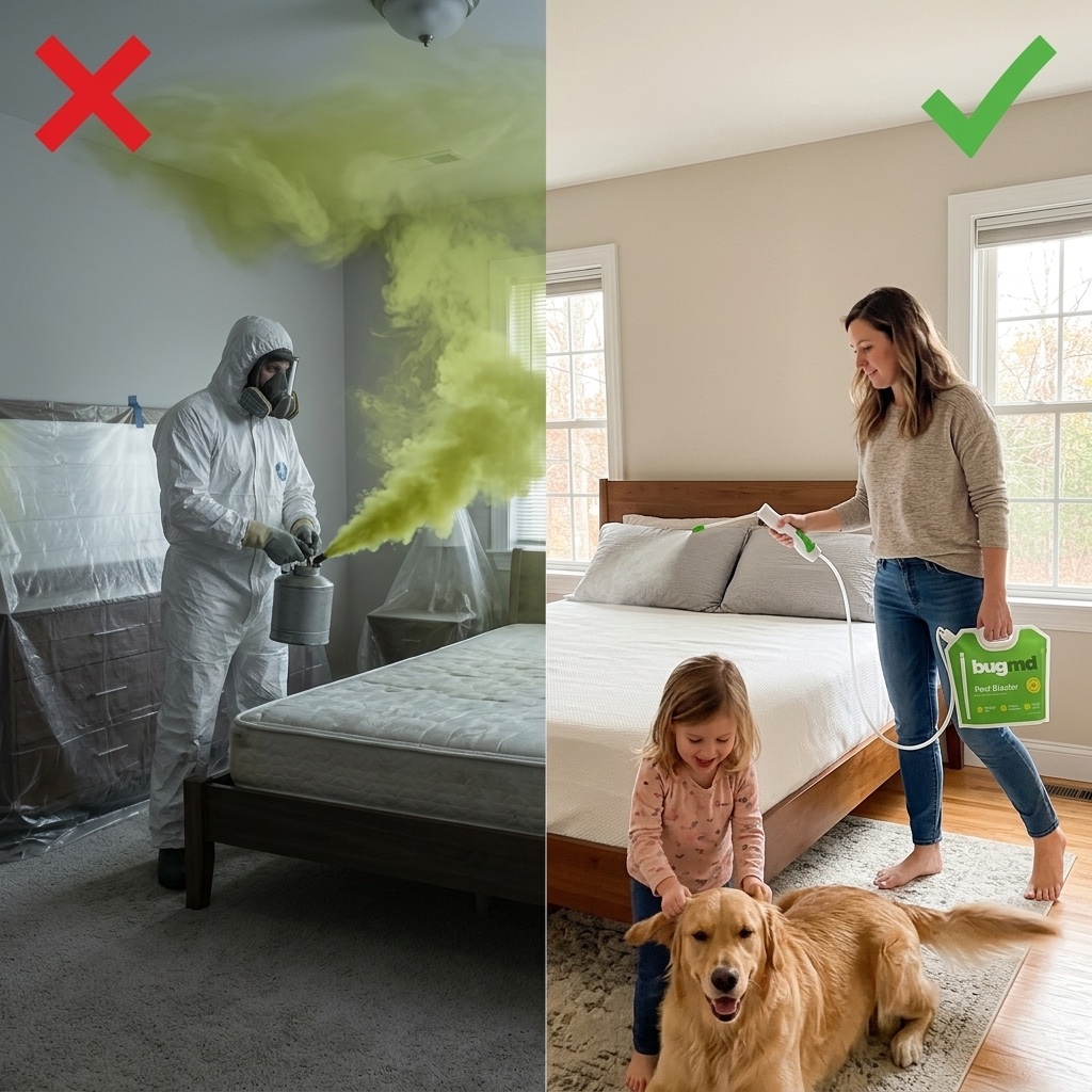 Left: an exterminator in a hazmat suit fogs your empty room with toxic chemicals. Right: you treat your own bed while your kids and pets stay right there.