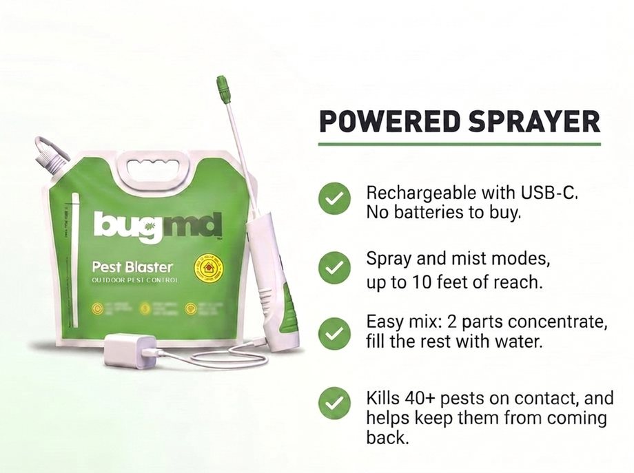 Powered sprayer: USB-C rechargeable, spray and mist modes, easy 2-part mix, kills on contact