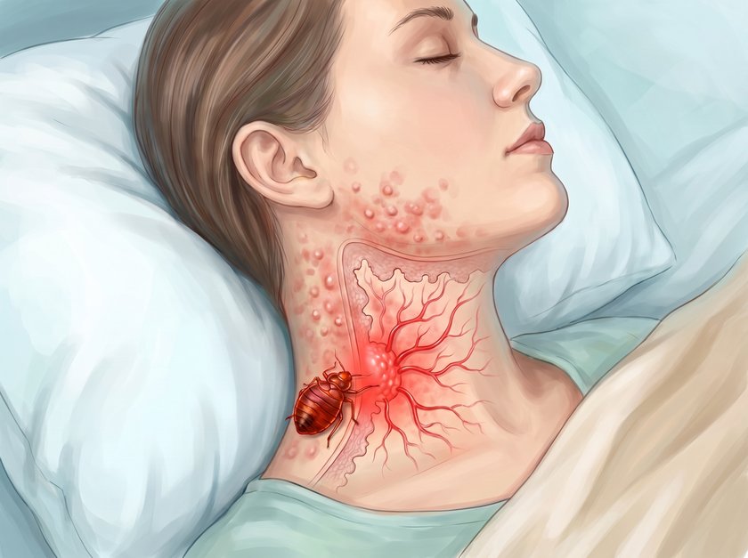 A bed bug bite and the allergic skin reaction it triggers
